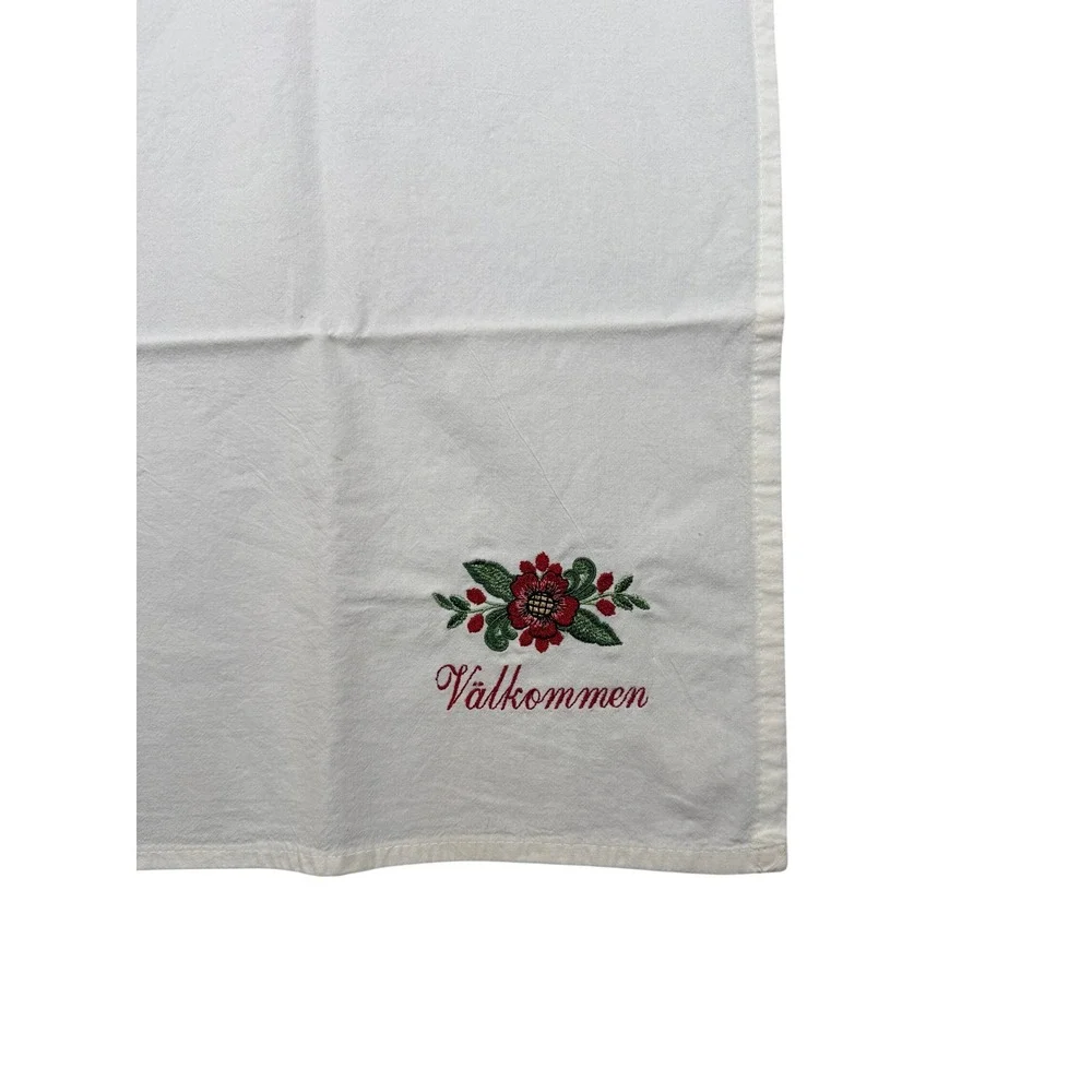 Scandinavian Theme Tea Towels White Embroidered Folk Art Valkommen 35